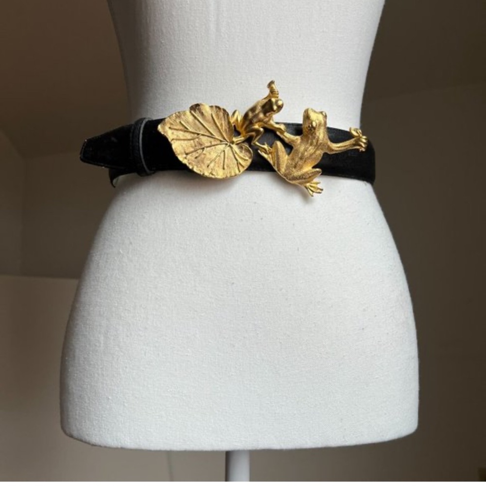 Gail LaBelle Gold Frog Black Leather Belt